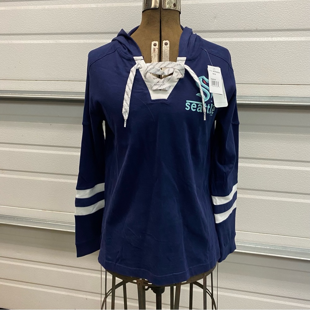 NWT NHL Seattle Kraken Hockey Womens Navy L/S Lace-Up Hooded T-Shirt